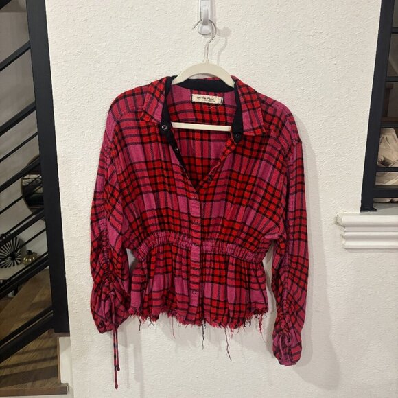 Free People Pacific Dawn Plaid Shirt Snap Front Closure Drawstring - Picture 2 of 6